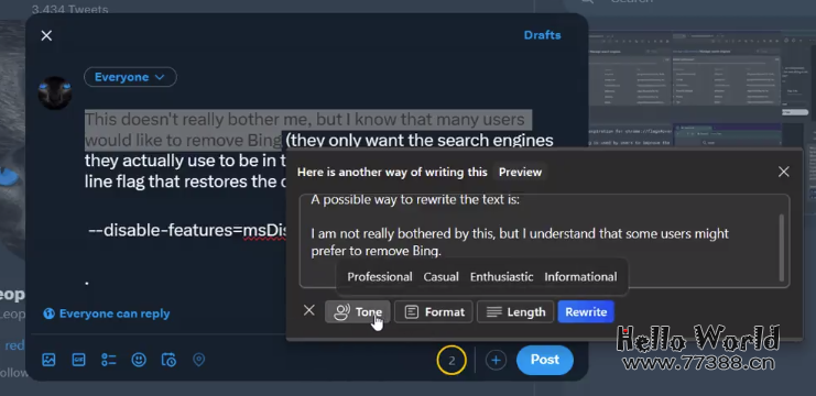 微软 Edge 浏览器新功能：Bing AI 帮你重写文本